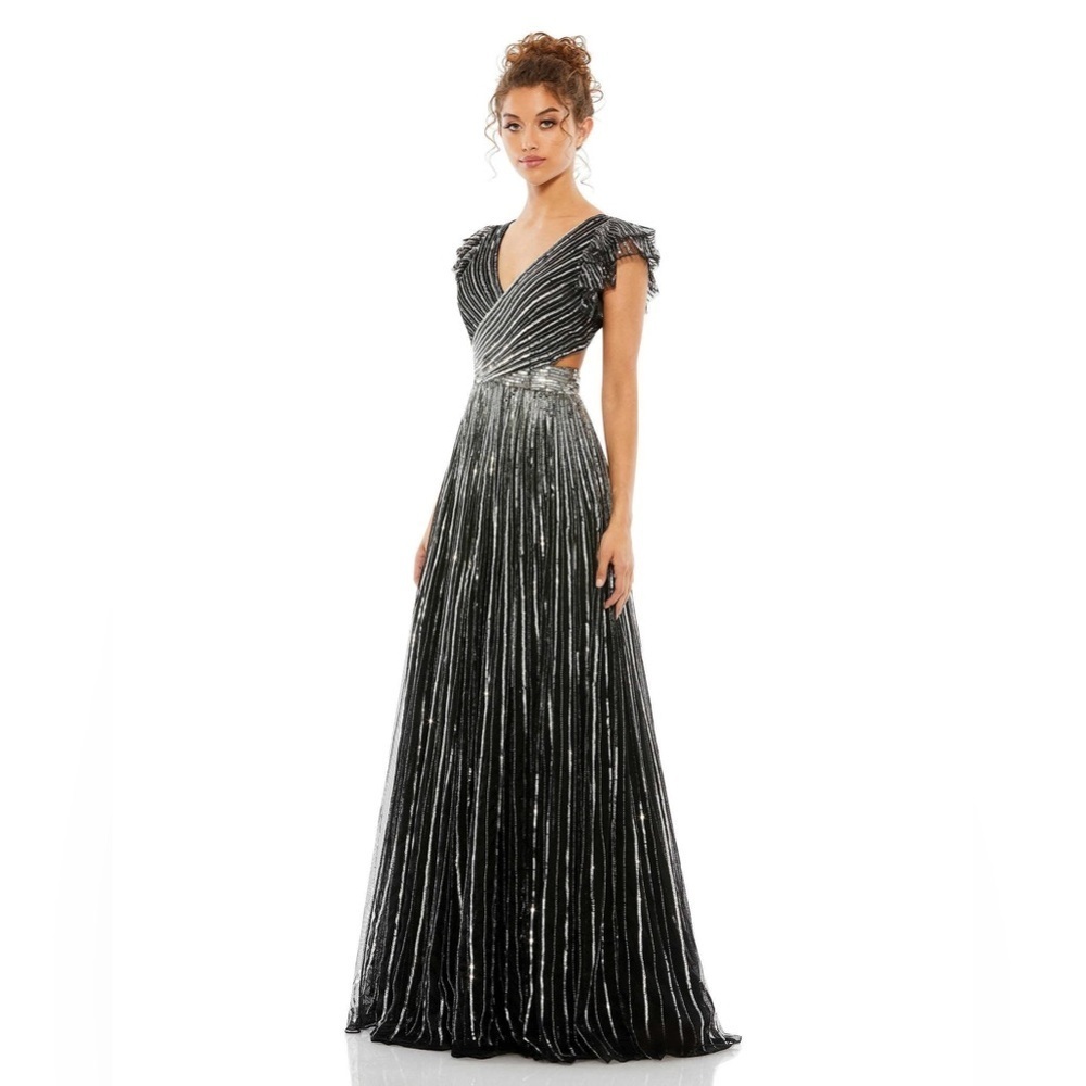 *Flawed Mac Duggal 5568 NWT Sequined Cut Out Ruffled Cap Sleeve Lace Up Gown